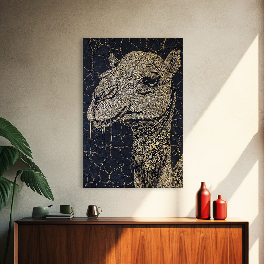 Intricate Gold Camel Portrait Canvas Print, African Safari Wall Art, Black And Gold Animal Art, Boho Desert Home Decor Gift