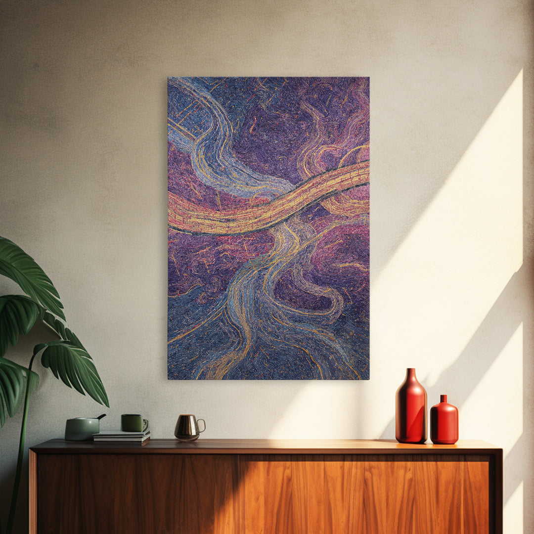 Flowing Purple Gold Abstract River Canvas Print, Textile Style Wall Art, Colorful Modern Decor, Boho Living Room Art Gift
