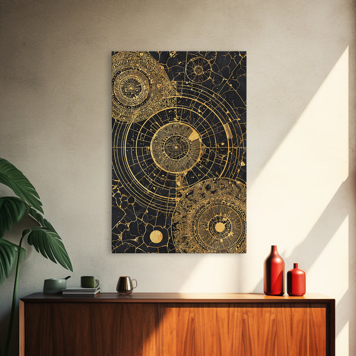 Gold Astronomical Circles On Black Stone Wall Art, Celestial Abstract Canvas Print, Luxury Geometric Decor, Modern Office Art