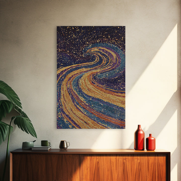 Swirling Gold Blue Cosmic River Canvas Print, Abstract Wall Art, Dreamy Galaxy Decor, Modern Boho Living Room Art Gift Poster
