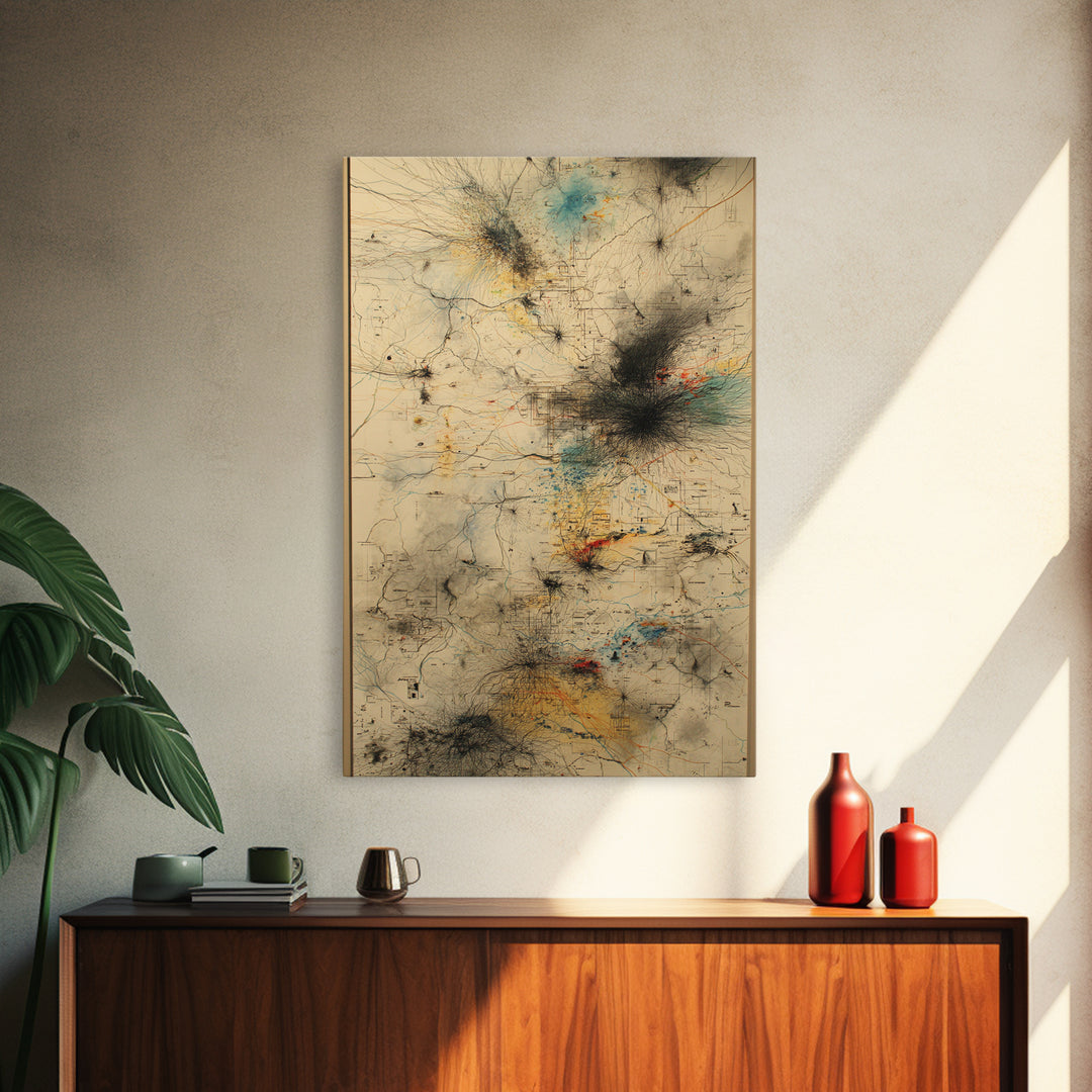 Smoky Beige Network Map Canvas Print, Abstract African Art Decor, Modern Office Wall Decor, Teal Black Gold Line Artwork