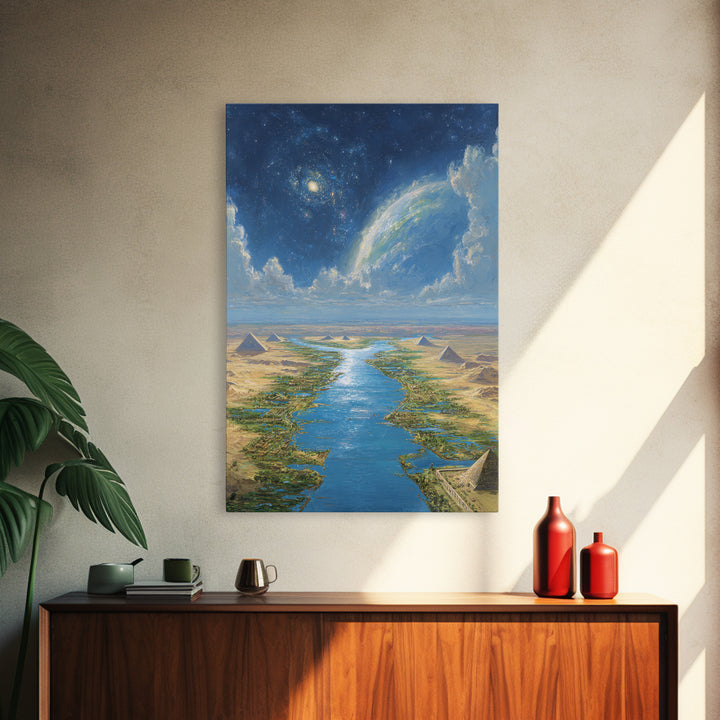 Cosmic Nile Pyramids Landscape Framed Canvas Print, African Egyptian Art, Desert River Wall Decor, Mystical Ancient Artwork
