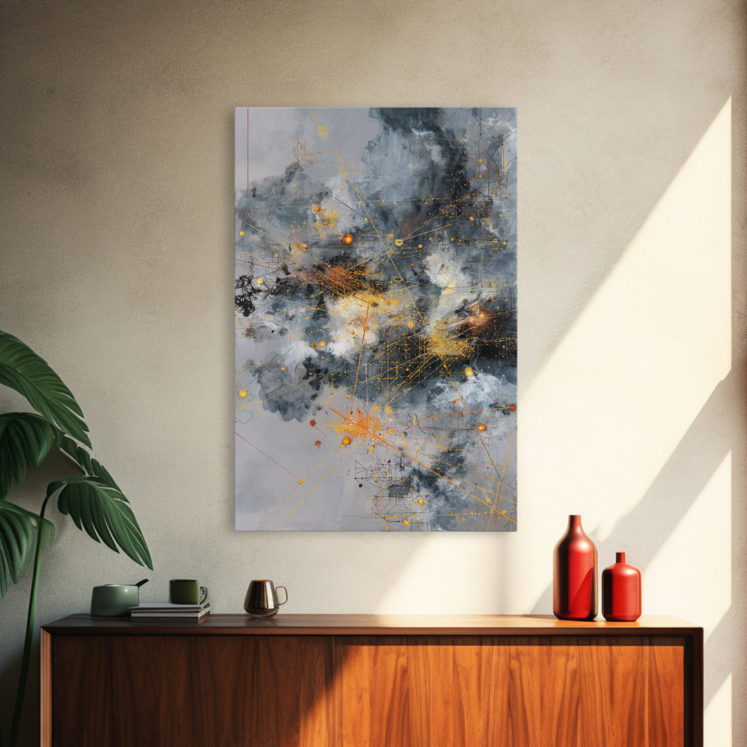 Stormy Gray Gold Network Canvas Print, Abstract African Art Decor, Modern Office Wall Art, Industrial Geometric Line Artwork