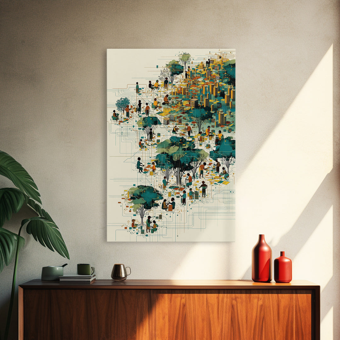 Vibrant African City Community Wall Art, Afrocentric Urban Landscape, Black Culture Art, Modern Teal Gold Decor Canvas Print