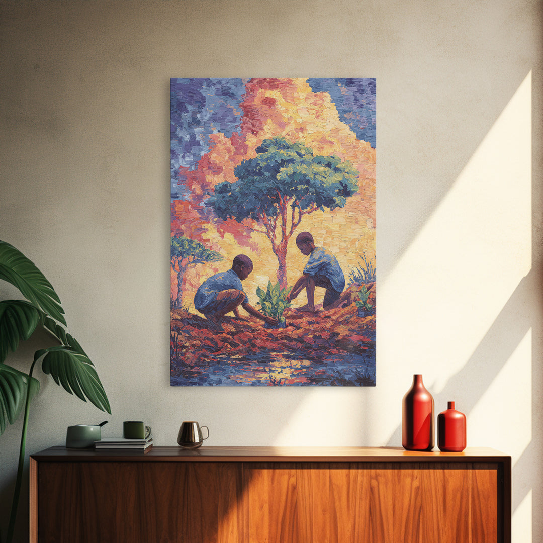 Two Boys Plant Saplings By River Under Acacia Tree Wall Art, African Landscape, Afrocentric Decor, Earth Tone Home Decor