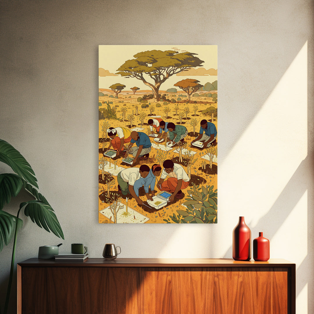 Children Planting Saplings In Golden Savanna Canvas Print, African Safari Art, Classroom Decor, Cultural Artwork Gift For Kids