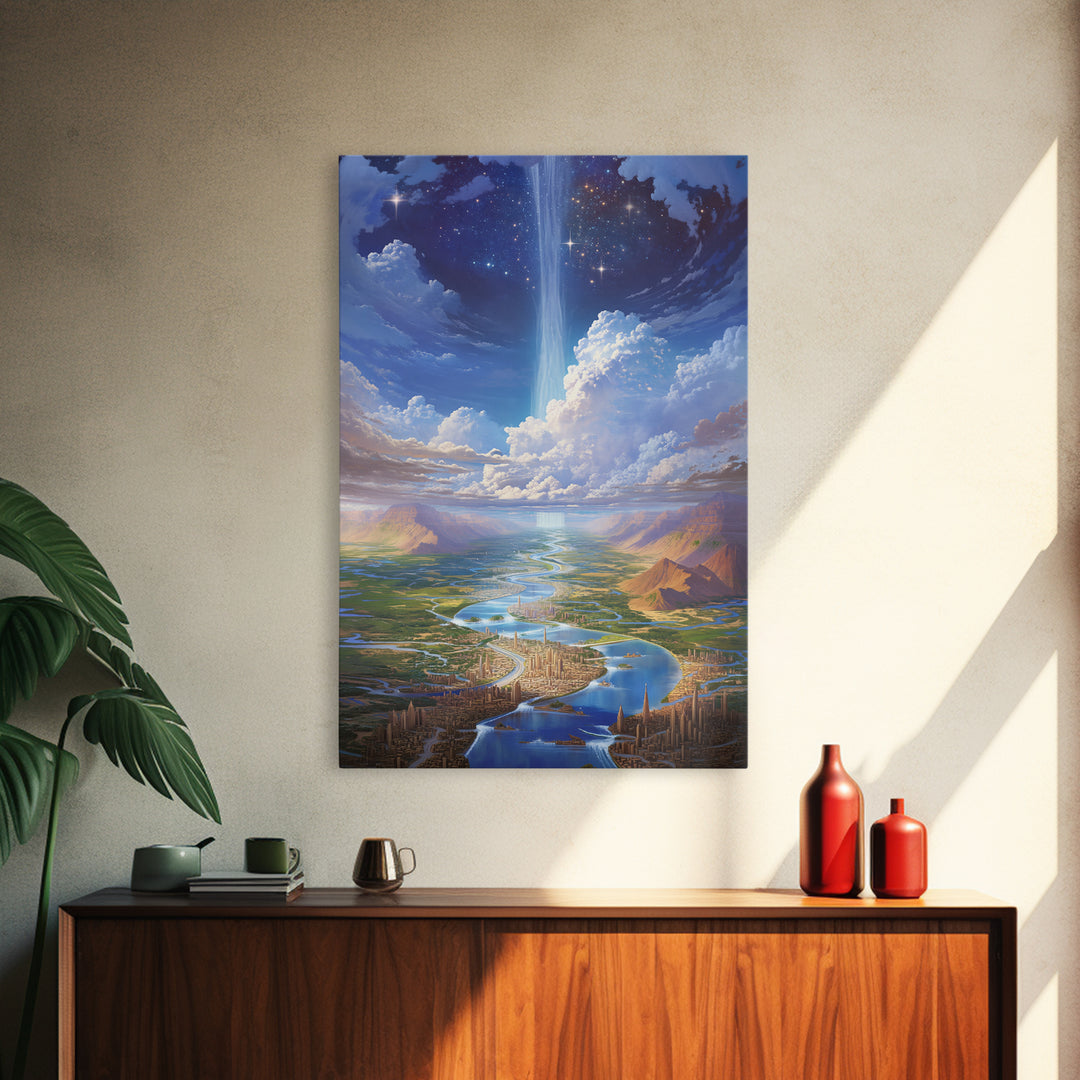 Celestial River City With Starry Waterfall Canvas Print, Dreamy Wall Art, Blue Home Decor Gift, Large Decor Art, Statement Wall Art