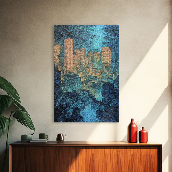 Textured Blue Gold City Skyline Wall Art, Modern Urban Office Decor, Contemporary Canvas, Luxury Canvas Art Print, Large Wall Art Prints