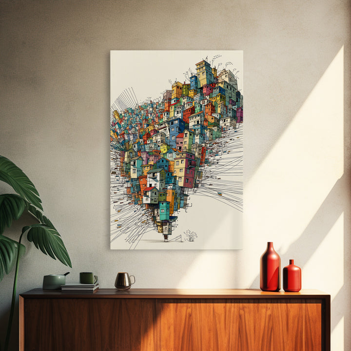 Stacked Colorful Hillside Houses Framed Canvas Print, Urban Wall Art, Geometric Design, Bold Home Decor Gift, Statement Wall Art