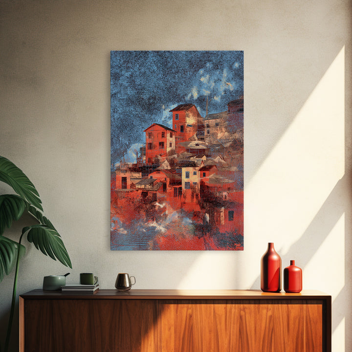 Red Hillside Village At Starry Night Canvas Print, Cozy Winter Wall Art, Rustic Decor, Unique Home Decor Gift, Orange Blue Painting