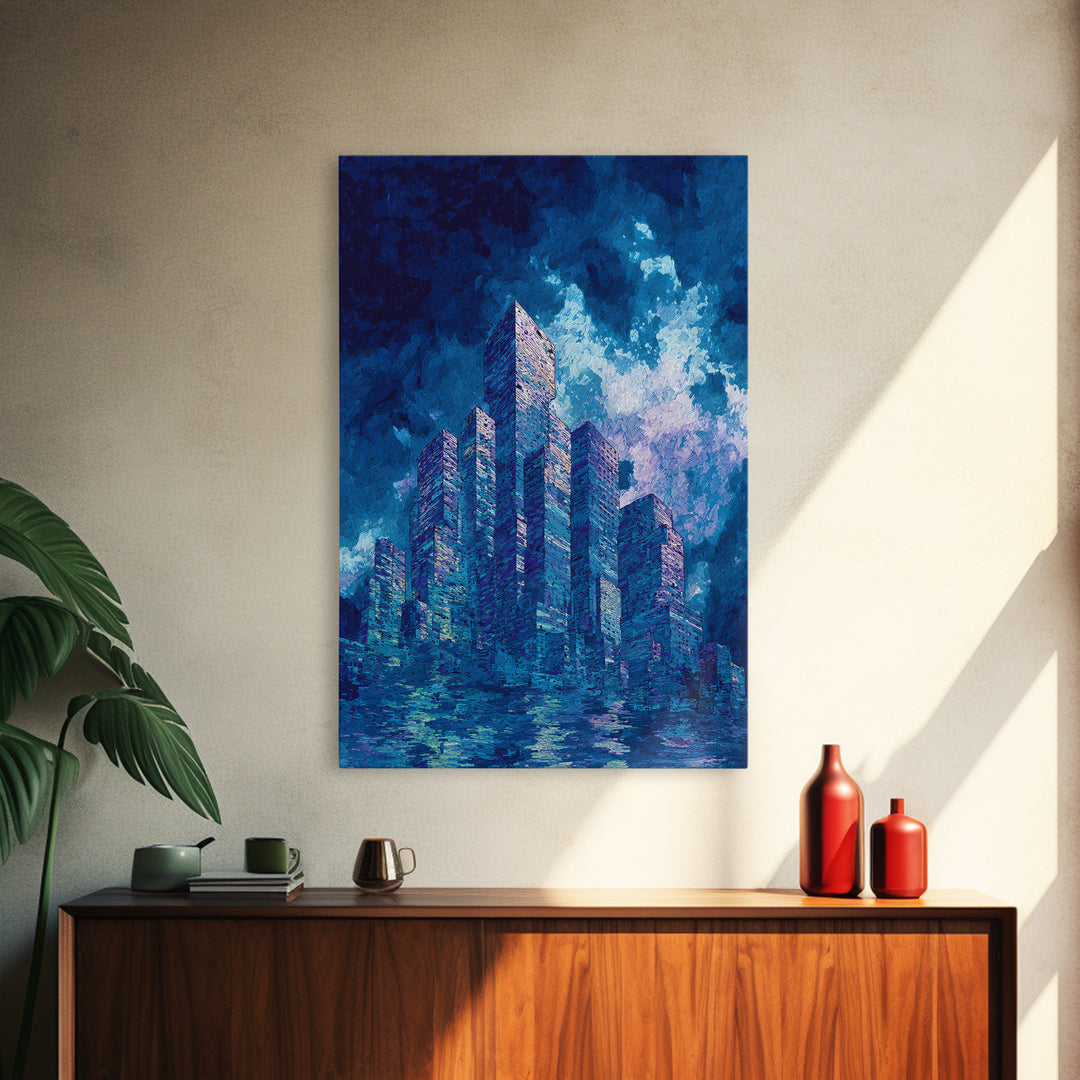 Blue Futuristic Skyline Framed Canvas Print, Modern City Wall Decor, Urban Architecture Art, Luxury Canvas Art For Office