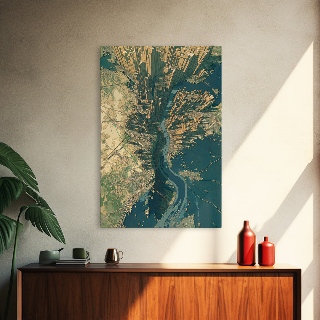 Aerial City Map Canvas Print, Urban Wall Art, Modern Architecture Poster, Teal And Gold Art, Office Decor, Statement Wall Art
