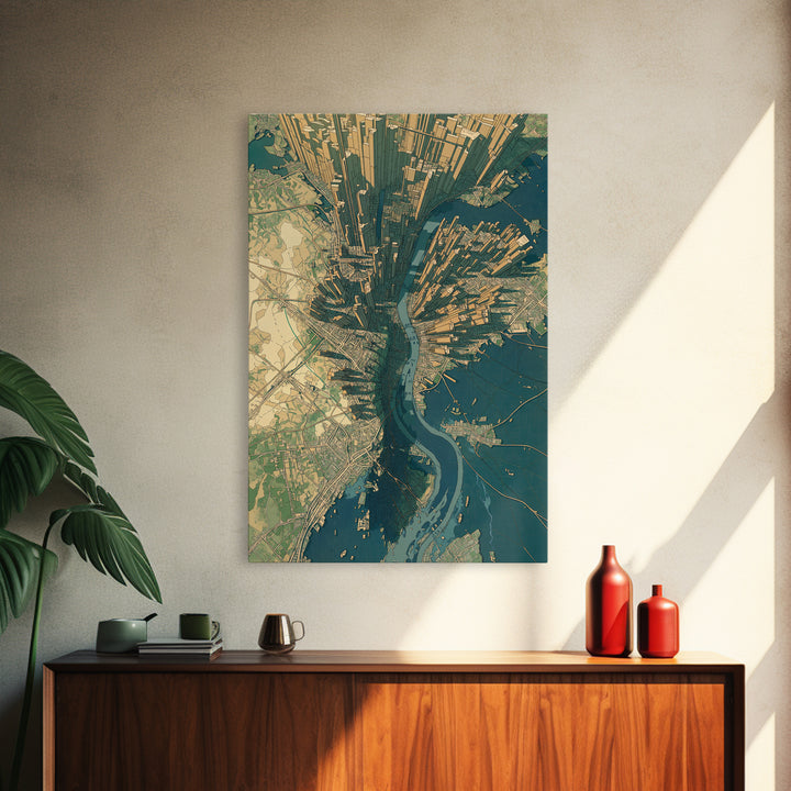 Aerial City Map Canvas Print, Urban Wall Art, Modern Architecture Poster, Teal And Gold Art, Office Decor, Statement Wall Art