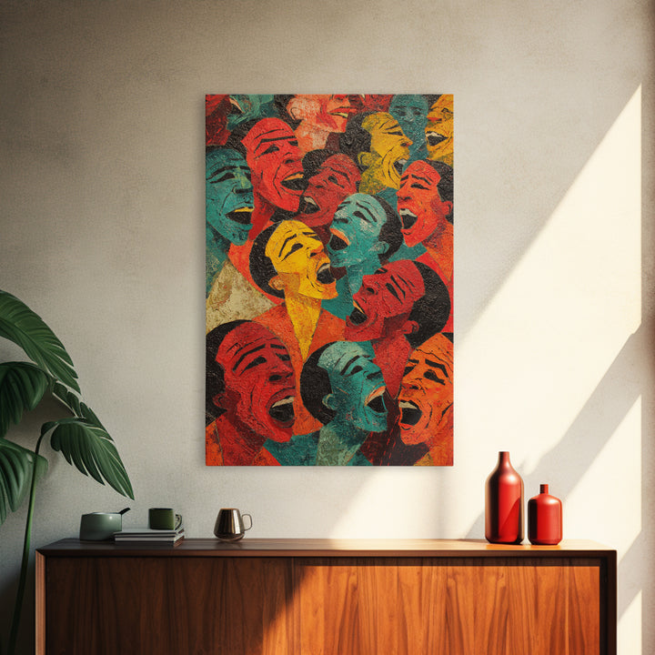 Colorful Laughing Faces Canvas Print, African Mask Art, Abstract African Art, Black Culture Art, Vibrant Wall Decor, Unique Gift