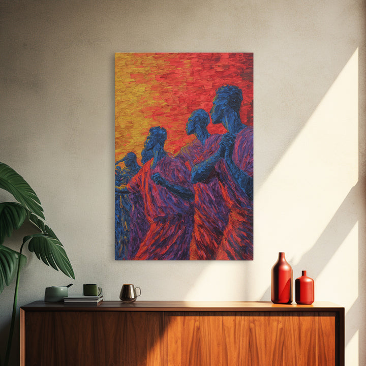 Blue African Figures At Sunset Wall Art, African Women Art, Cultural Art Print, Colorful African Art, Living Room Decor Gift