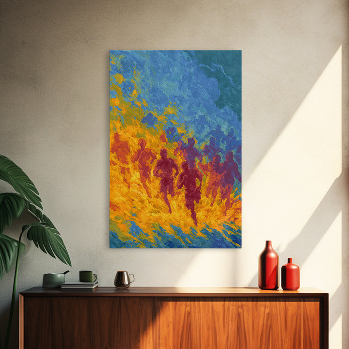 Fiery Runners In Blue And Orange, African Wall Art, Abstract African Art Print, Black Culture Decor, Vibrant Canvas Print