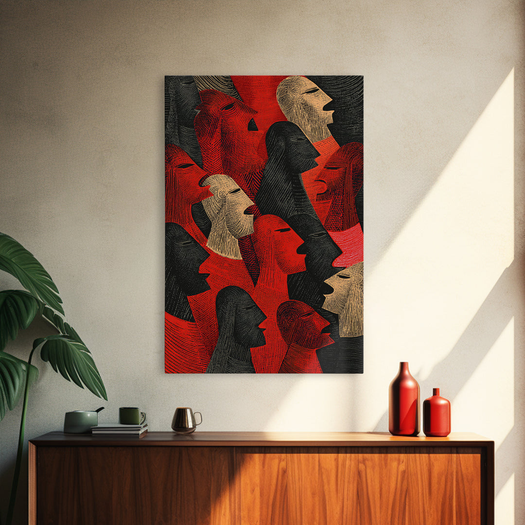 Red And Black Tribal Profile Faces, African Wall Art, Abstract African Art Print, Afrocentric Decor, Modern Canvas Print