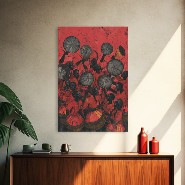 Red Drummers And Round Shields Celebration, African Wall Art, Tribal Art Print, Cultural Home Decor, Vibrant Canvas Print