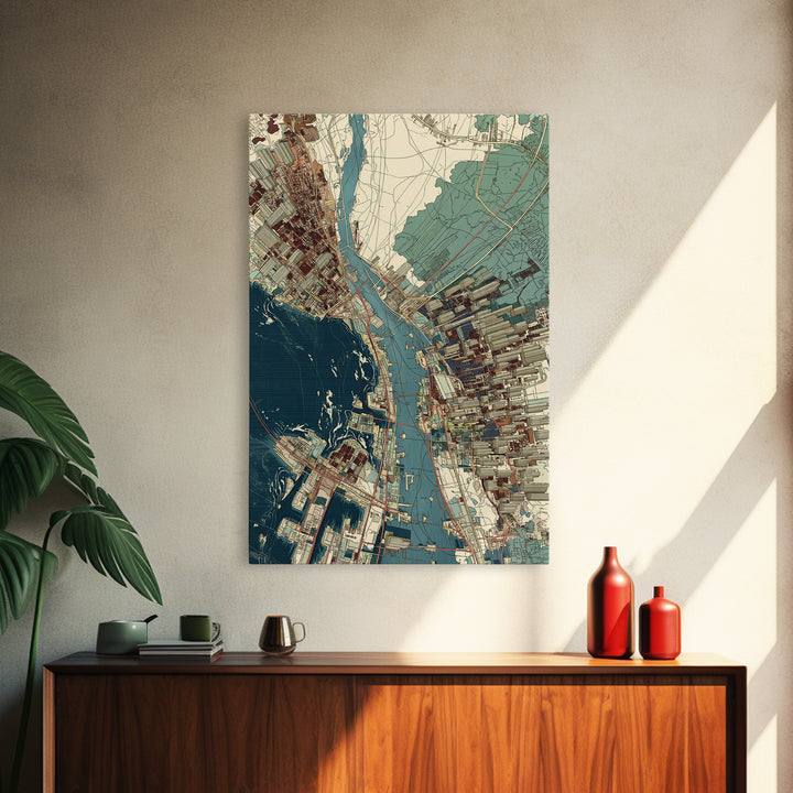 Aerial Coastal City Map With Blue Water, Urban Wall Art, Location Map Print, Modern Office Decor, Gallery Home Decor, Canvas Print