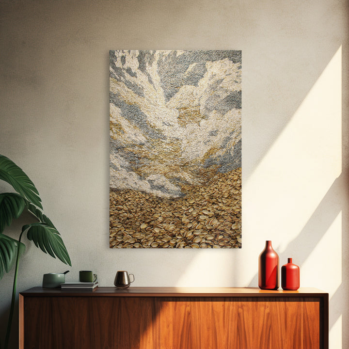 Golden Pebble Hills And Swirling Clouds, Nature Scene Wall Art, Earth Tone Art Print, Textured Boho Home Decor, Canvas Print