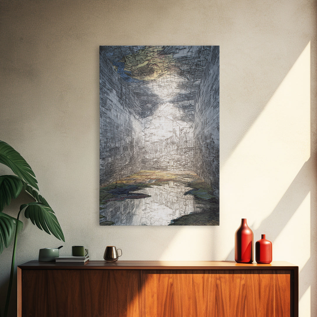 Abstract Urban Canyon Reflection Wall Art, Moody Blue Cityscape Print, Modern Architecture Decor, Statement Living Room Art