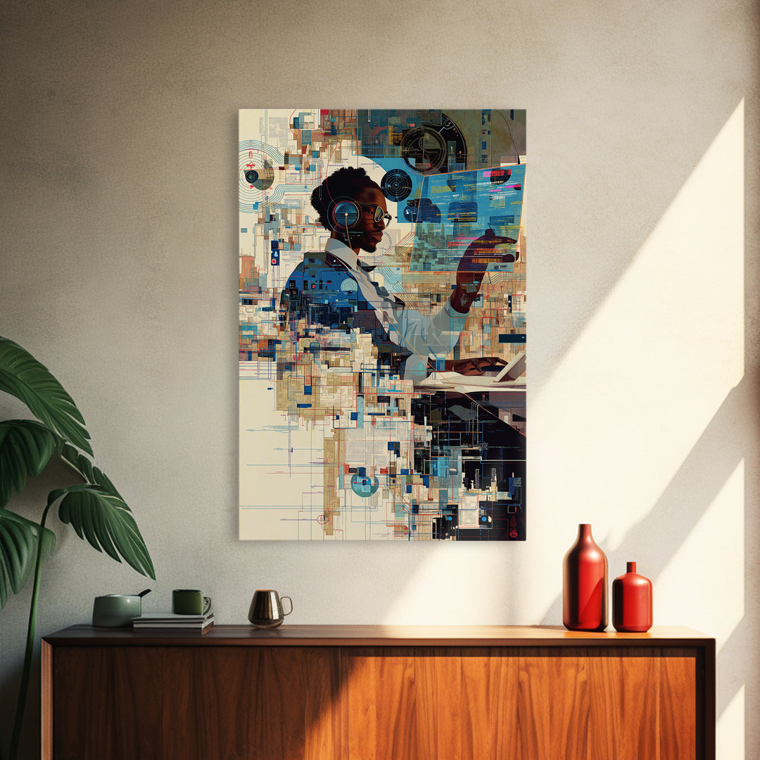 Black Woman Scientist Hologram Wall Art, Afrofuturism Portrait, African American Art Print, Modern Tech Office Decor Gift