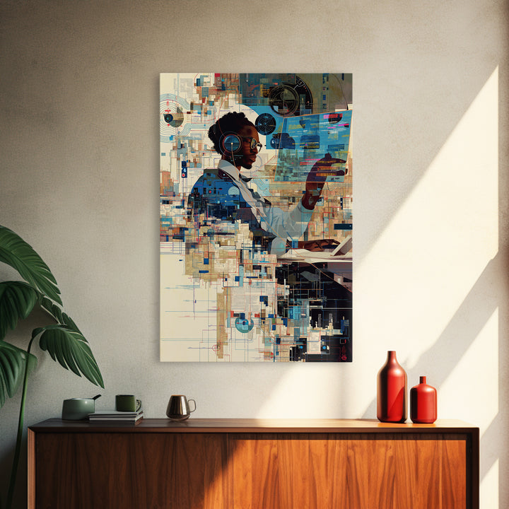 Black Woman Scientist Hologram Wall Art, Afrofuturism Portrait, African American Art Print, Modern Tech Office Decor Gift