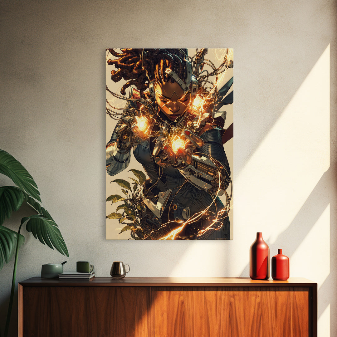 Cyberpunk African Warrior Woman Framed Canvas Print, Afrofuturism Wall Decor, Black Girl Magic, Futuristic Energy Art Gift