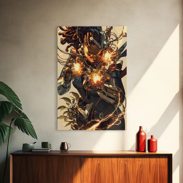 Cyberpunk African Warrior Woman Framed Canvas Print, Afrofuturism Wall Decor, Black Girl Magic, Futuristic Energy Art Gift