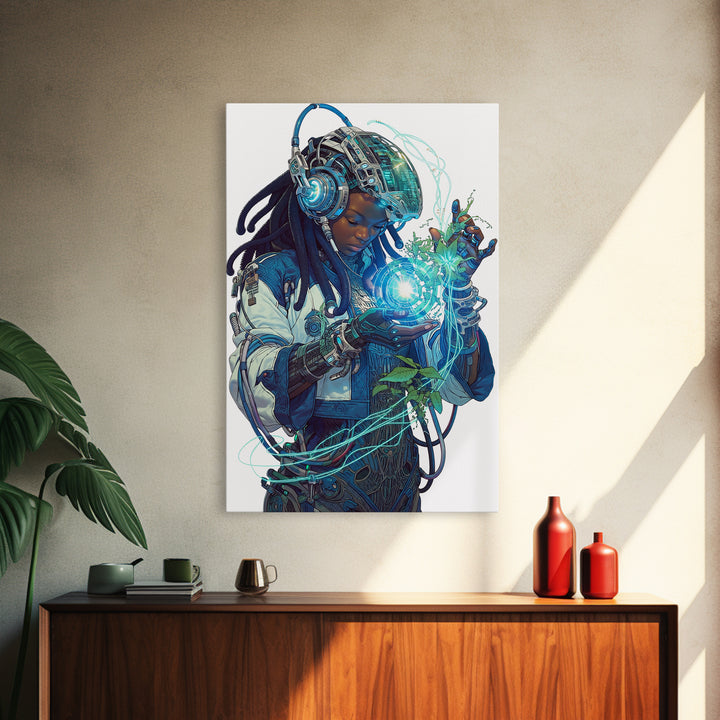 Futuristic African Woman With Glowing Orb Canvas Print, Afrofuturism Decor, Black Female Art, Botanical Tech Wall Art Gift