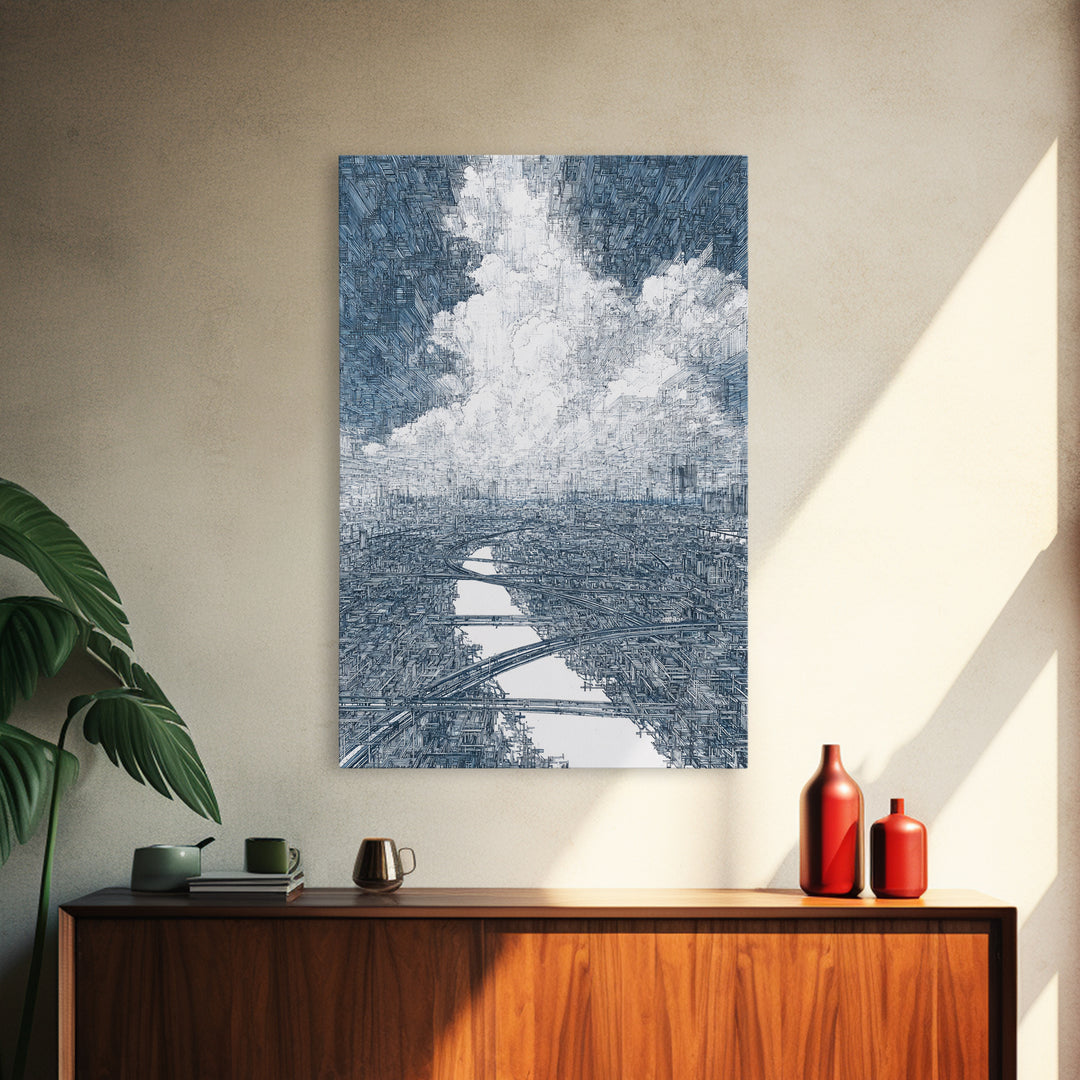 Intricate City River Cloud Wall Art, Blue Gray Urban Landscape Print, Modern Architecture Decor, Large Living Room Art Gift