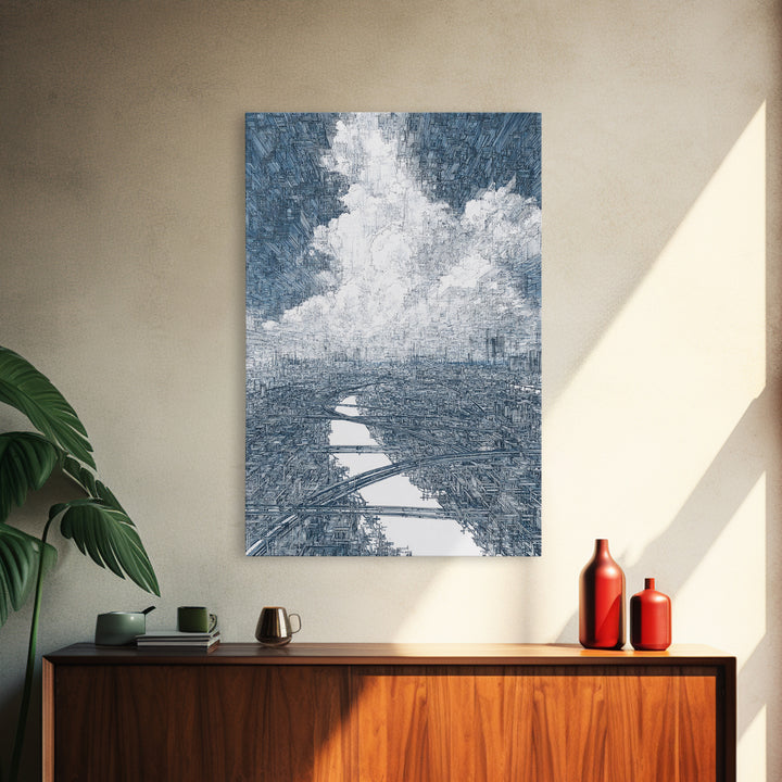 Intricate City River Cloud Wall Art, Blue Gray Urban Landscape Print, Modern Architecture Decor, Large Living Room Art Gift