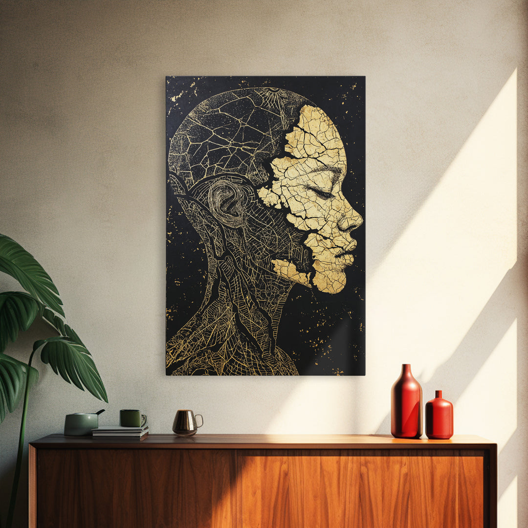 Gold Anatomical Profile Framed Canvas Print, Abstract Face Art, Black And Gold Wall Decor, Luxury Modern Portrait Gift For Him