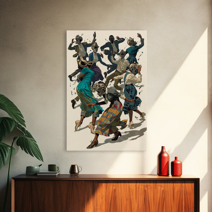African Masked Dancers Celebration Canvas Print, African Tribal Art, Cultural Wall Decor, Colorful Afrocentric Home Gift