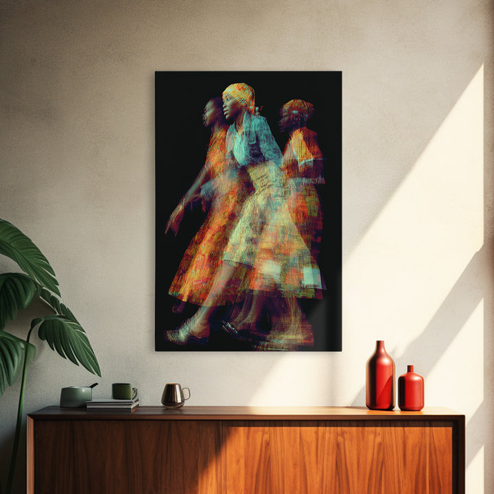 Glowing African Women In Motion Framed Canvas Print, Abstract Textile Portrait, Afrocentric Black Woman Wall Decor Art Gift