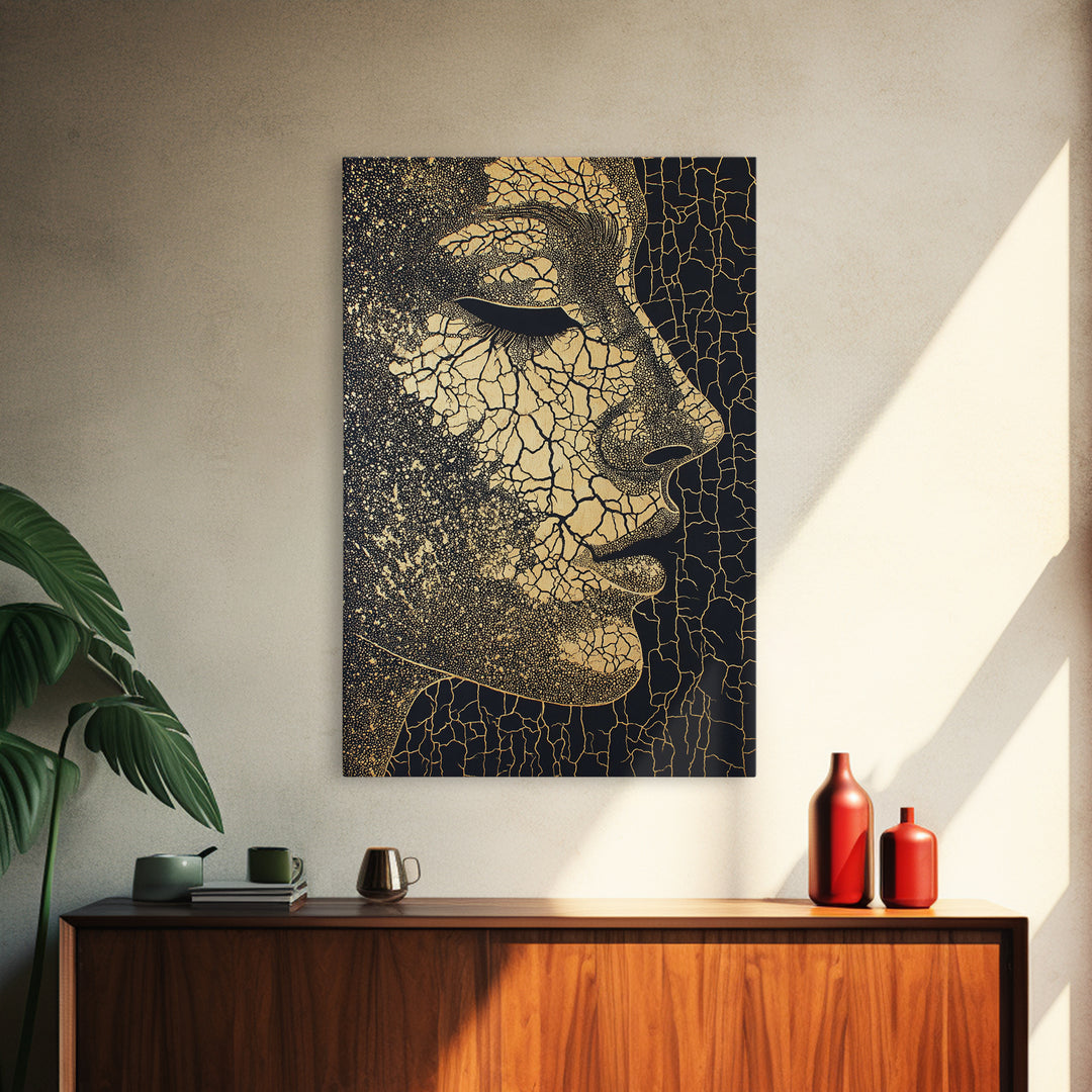 Golden Cracked African Woman Profile Wall Art, Elegant Black And Gold Portrait, Modern Afrocentric Luxury Canvas Decor Gift