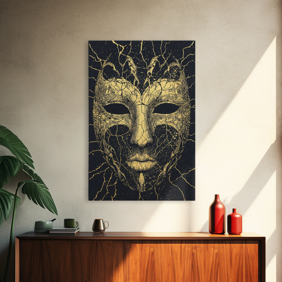 Gold African Mask Canvas Print, Black Cracked Tribal Face Art, Mystical Afrocentric Wall Decor, Unique Statement Gift For Home