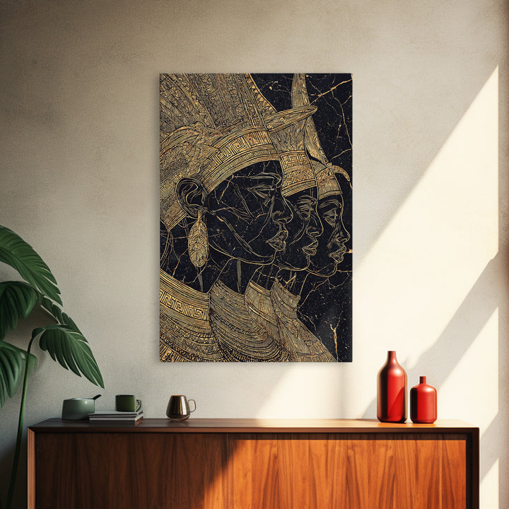 Regal African Queens Gold Line Wall Art, Black And Gold Headdress Portraits, Egyptian Inspired Afrocentric Cultural Home Decor Gift