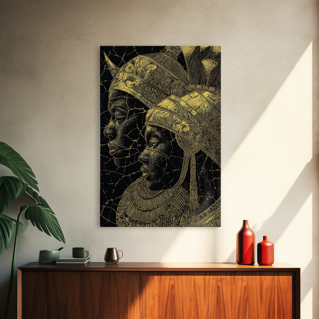 Black And Gold African Queen Profiles Framed Canvas Print, Afrocentric Wall Decor, Tribal Portrait, Elegant Home Art, Luxury Gift