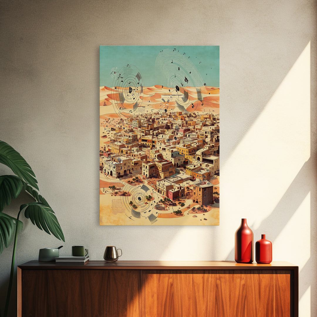 Desert City With Abstract Sound Waves Wall Art, North African Landscape Print, Modern Travel Poster, Earth Tone Home Decor
