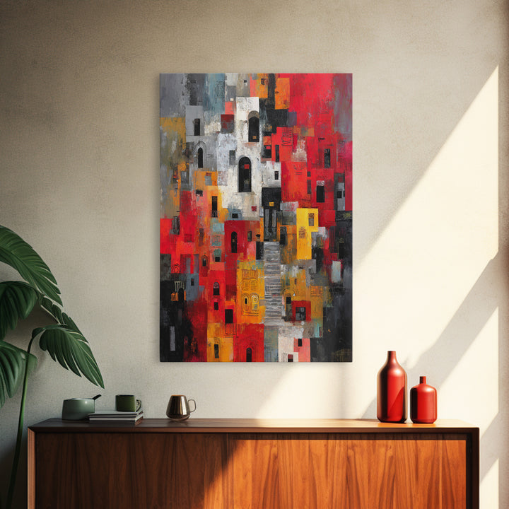 Red Black Abstract City Facades Framed Canvas Print, Modern African Wall Art, Urban Architecture Decor, Bold Home Decor Art