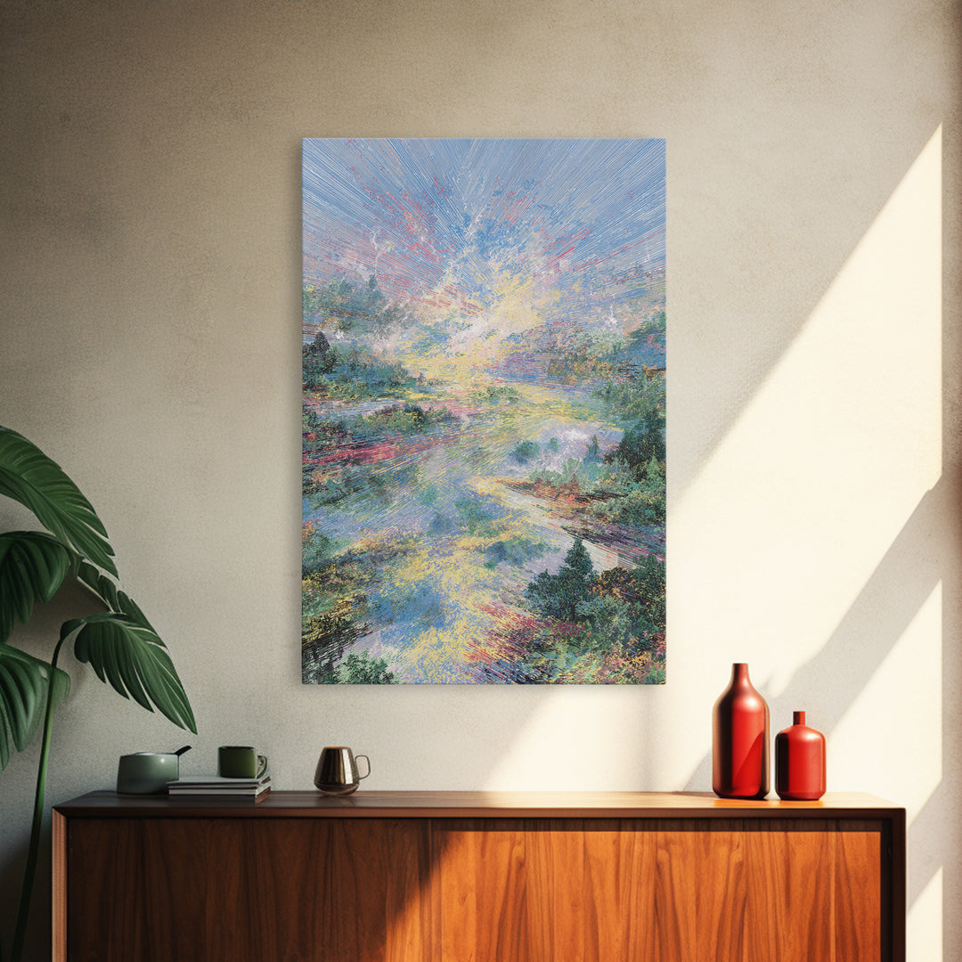 Luminous River Sunrise Landscape Framed Canvas Print, Dreamy Wall Art, Nature Scene Art, Serene Living Room Decor, Home Decor Gift