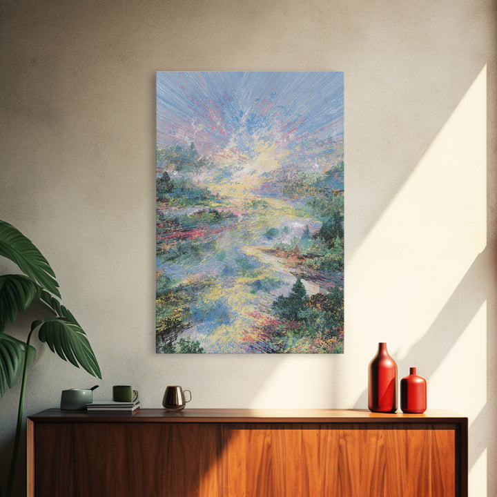 Luminous River Sunrise Landscape Framed Canvas Print, Dreamy Wall Art, Nature Scene Art, Serene Living Room Decor, Home Decor Gift