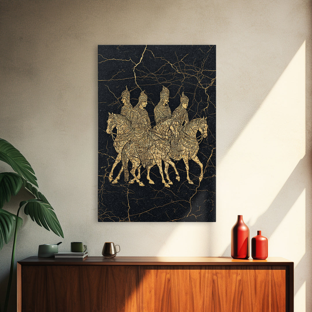 Golden African Horse Warriors On Black Stone Wall Art, African Warrior Art, Tribal Art Decor, Black Gold Canvas Decor Print