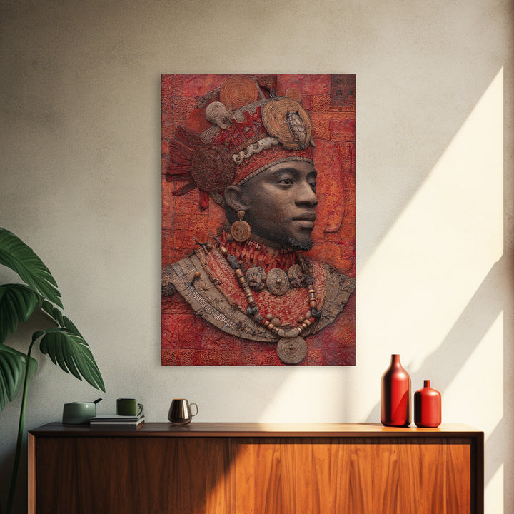 Ornate African Royal Man With Headdress Framed Canvas Print, African Portrait, Tribal Art Print, Red Cultural Wall Decor