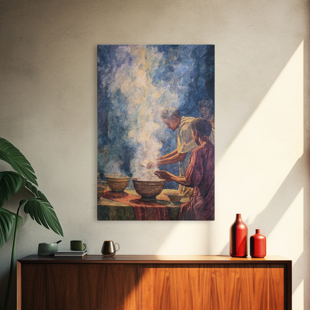 African Community Cooking Ritual With Steaming Bowls Wall Art, Cultural Home Decor, Ethnic Art Print, Warm Kitchen Poster