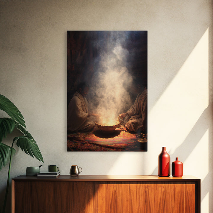 Two African Men Beside Smoky Ritual Pot Framed Canvas Print, Spiritual Wall Art, Cultural Decor, Earth Tone Home Decor Gift