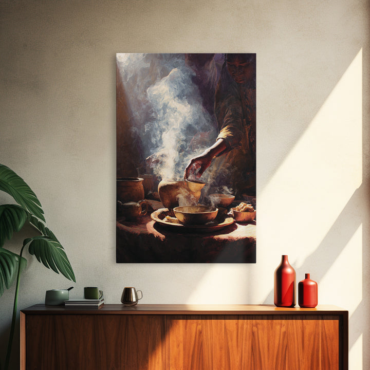 Steaming African Tea And Coffee Ceremony Still Life Canvas Print, Warm Kitchen Wall Art, Cultural Decor, Brown Black Art Decor