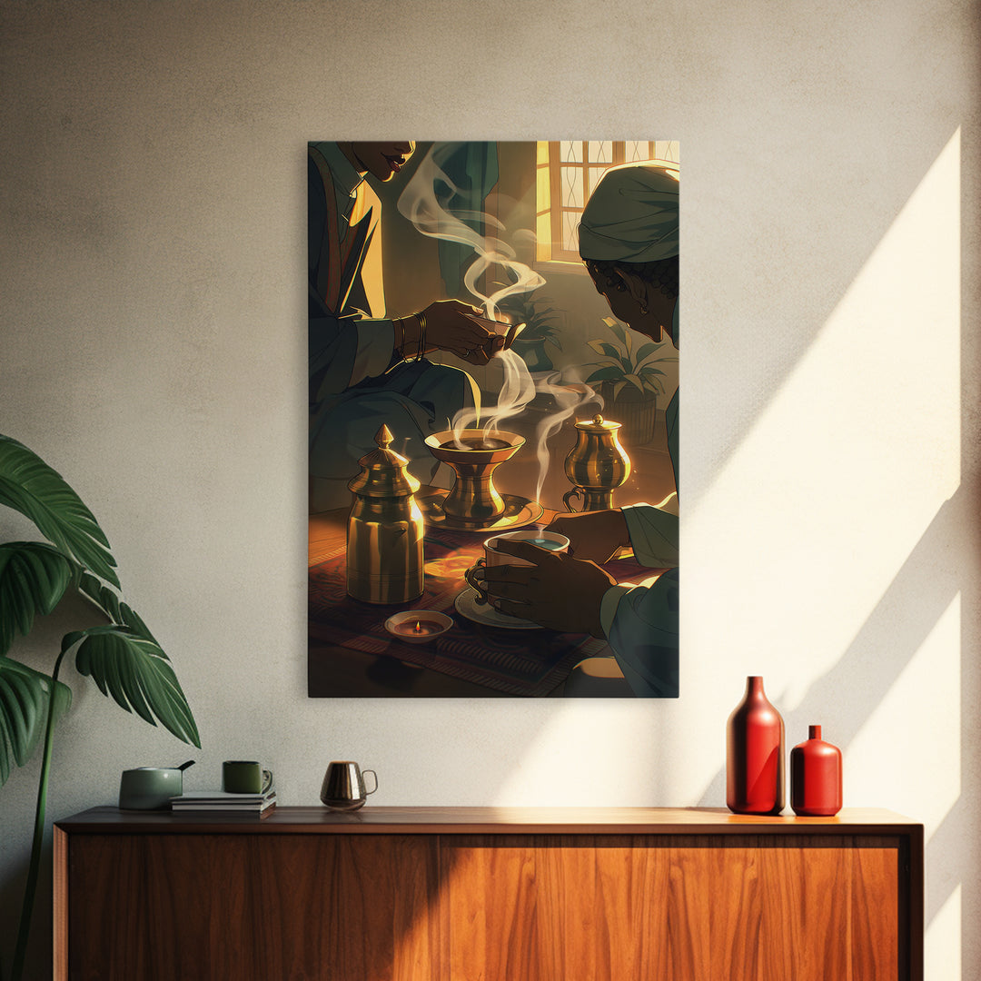 Sunlit African Tea Ceremony With Brass Vessels Wall Art, Afrocentric Decor, Boho Home Decor, Warm Cultural Canvas Print Gift