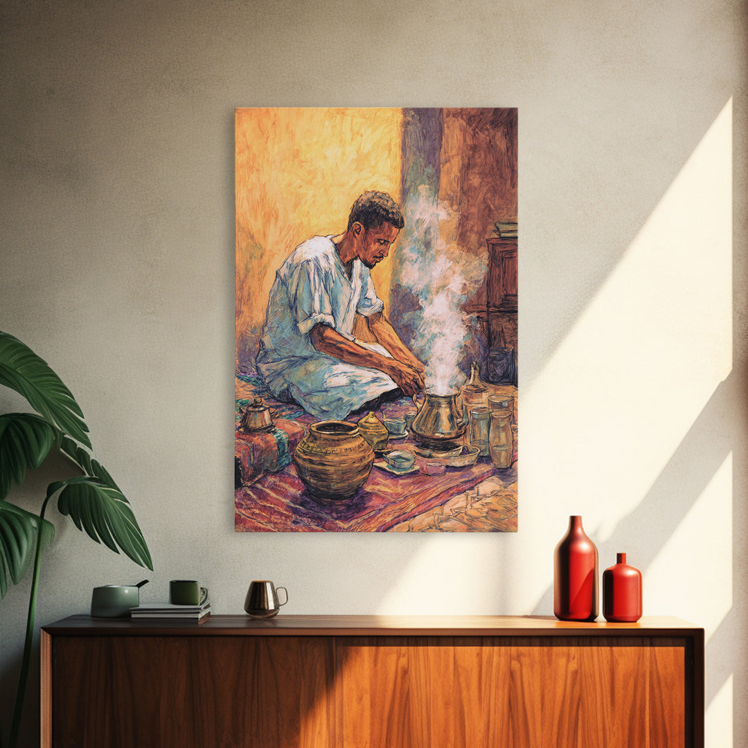 Seated African Man Preparing Smoky Coffee Canvas Print, Cultural Wall Art, Earth Tone Decor, Bohemian Home Decor Gift For Him